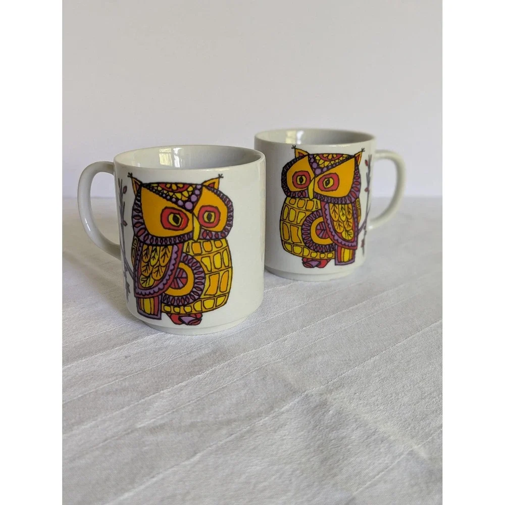 Set of Two Owl Mugs, purple yellow and gold made in Japan vintage, mid-century